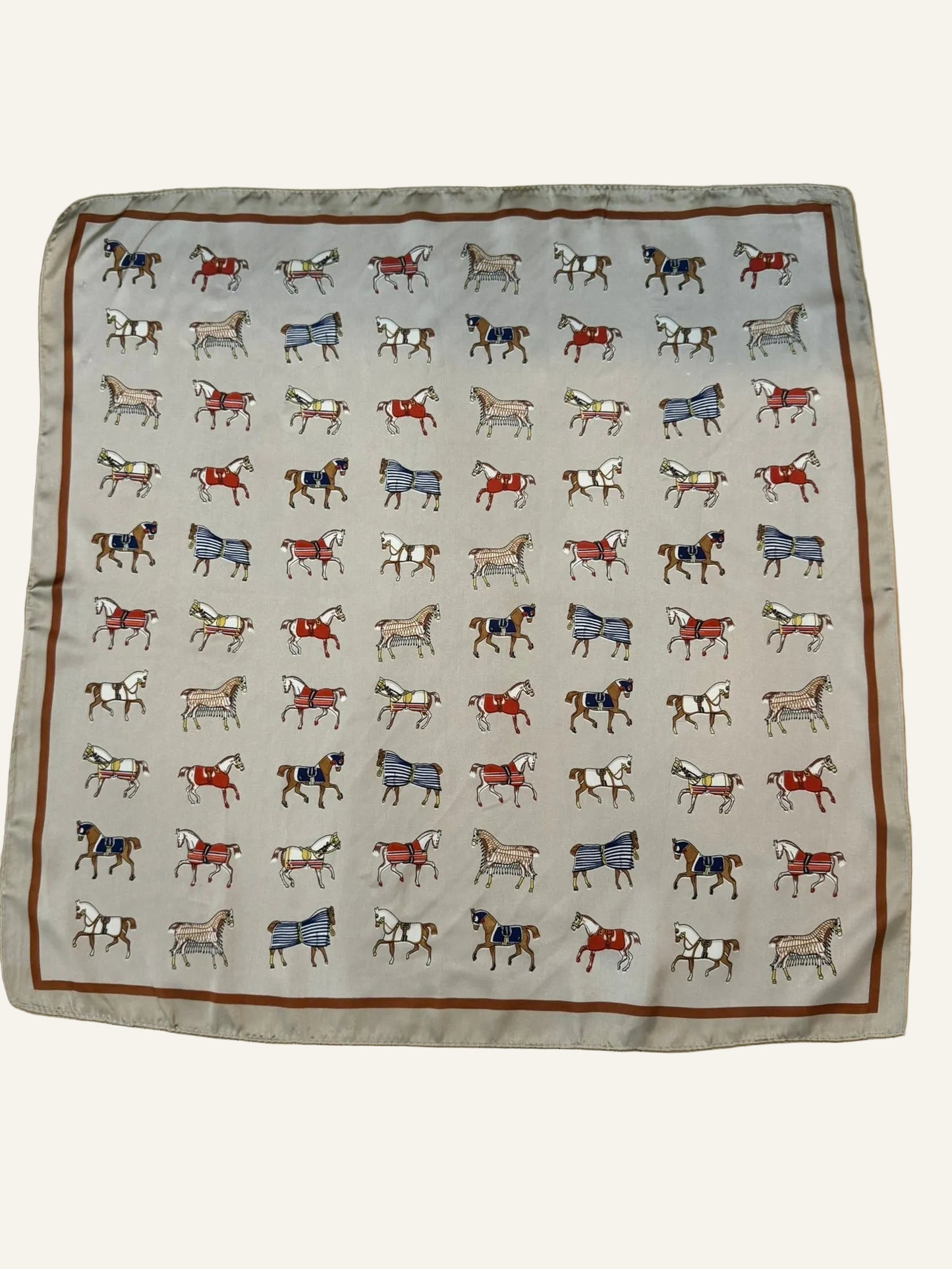 Ivory, Blue and Rust Silk/Satin Equestrian Scarf - 70 x 70 cm