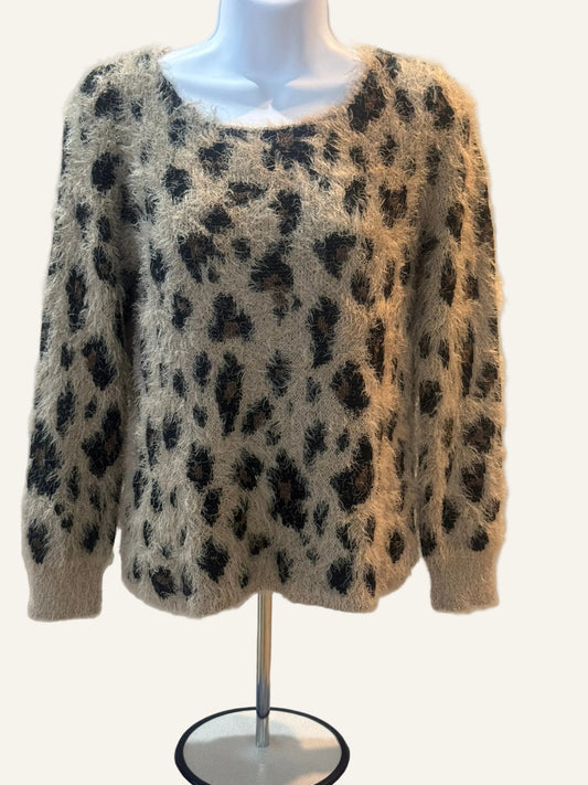 NY Collection Beige Leopard Print Sweater