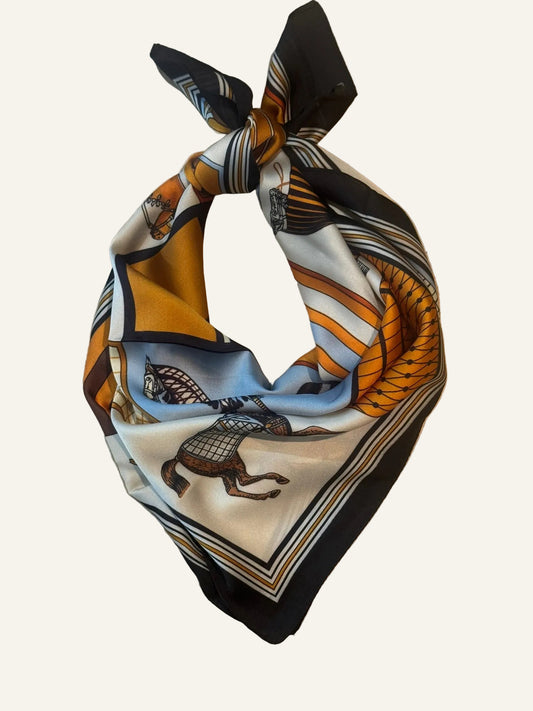 Blue and Rust Silk/Satin Equestrian Scarf - 70 x 70 cm