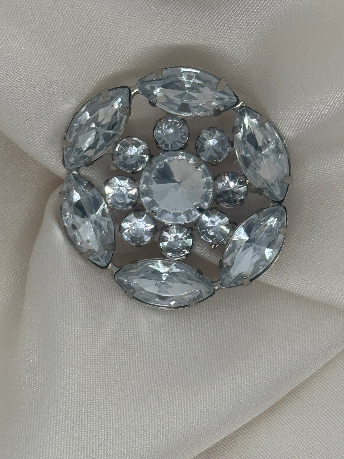 Vintage Round Floral Rhinestone Brooch - Silver