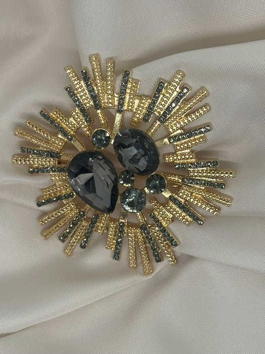 Large Corsage Burst Brooch with Gray Stones - Gold