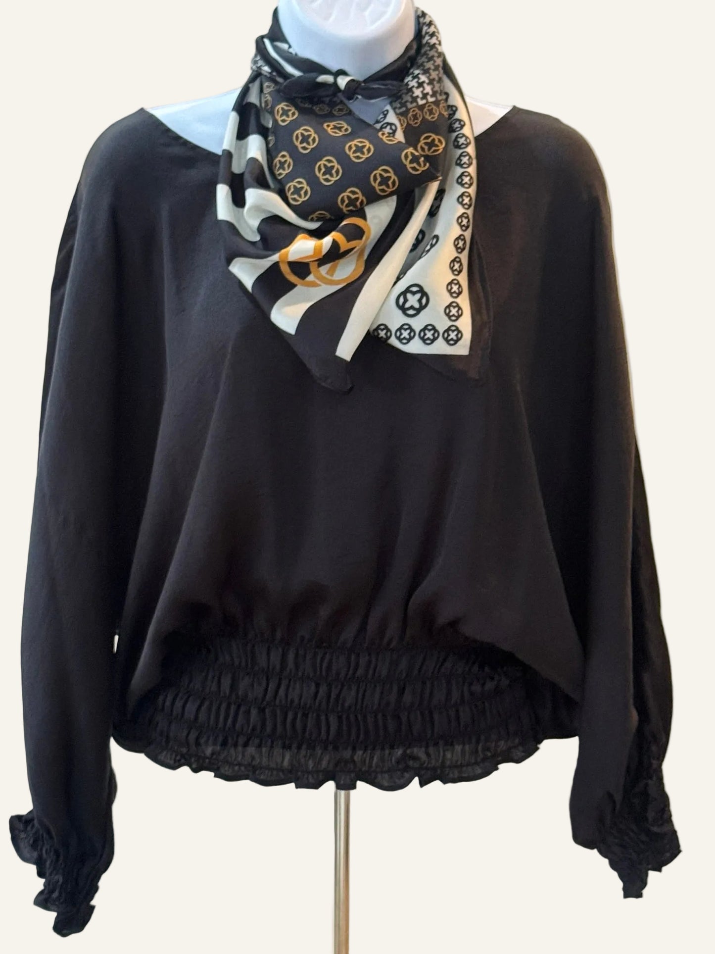 Black, Ivory and Gold Silk/Satin Scarf - 70 X 70 cm