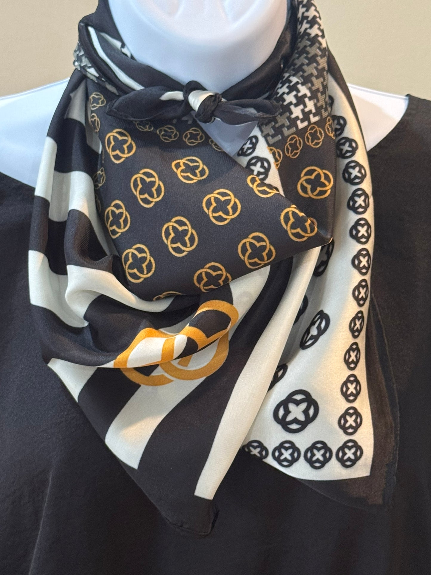 Black, Ivory and Gold Silk/Satin Scarf - 70 X 70 cm