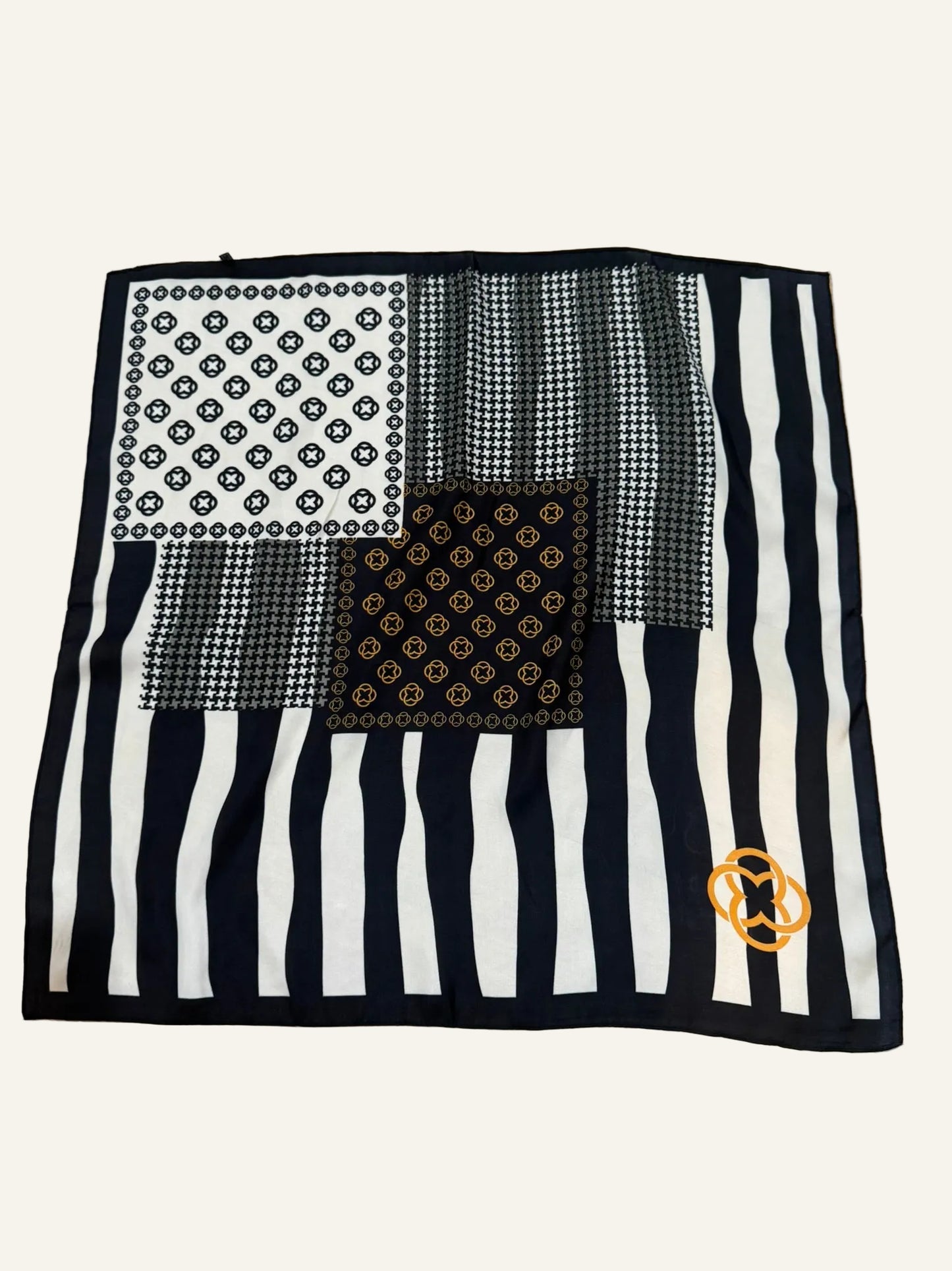 Black, Ivory and Gold Silk/Satin Scarf - 70 X 70 cm