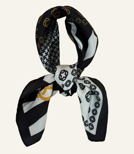 Black, Ivory and Gold Silk/Satin Scarf - 70 X 70 cm