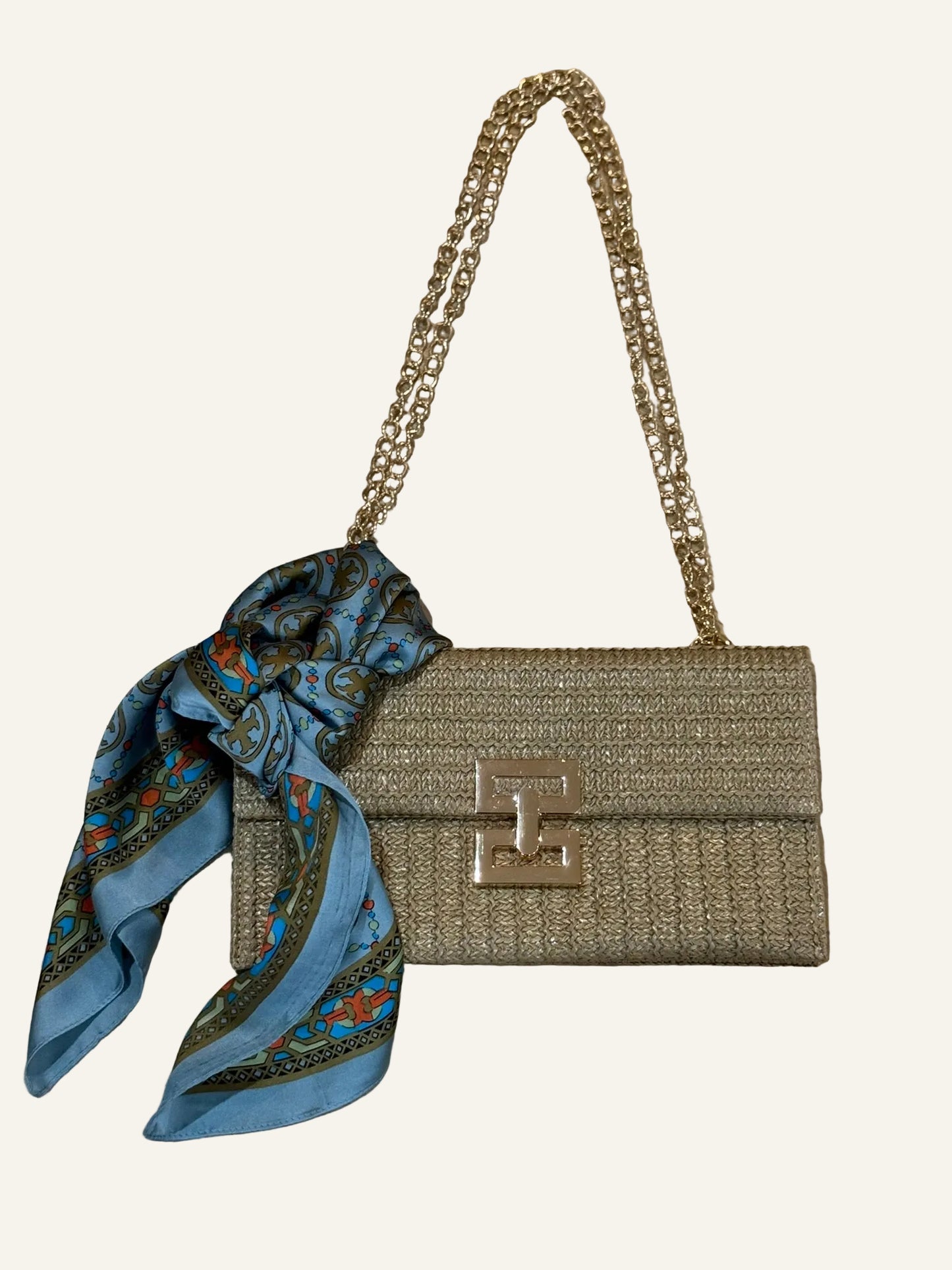Soft Blue and Gold Silk/Satin Scarf - 70 X 70 cm