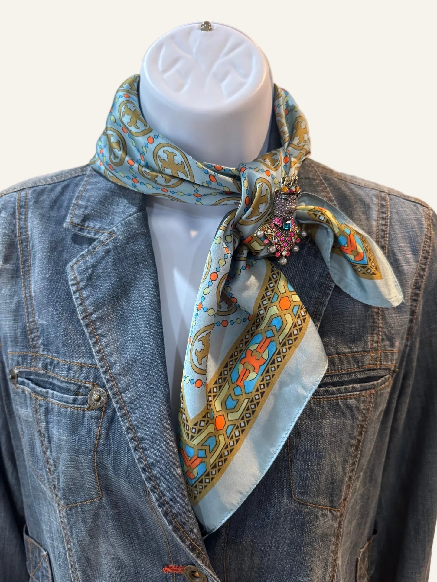 Soft Blue and Gold Silk/Satin Scarf - 70 X 70 cm