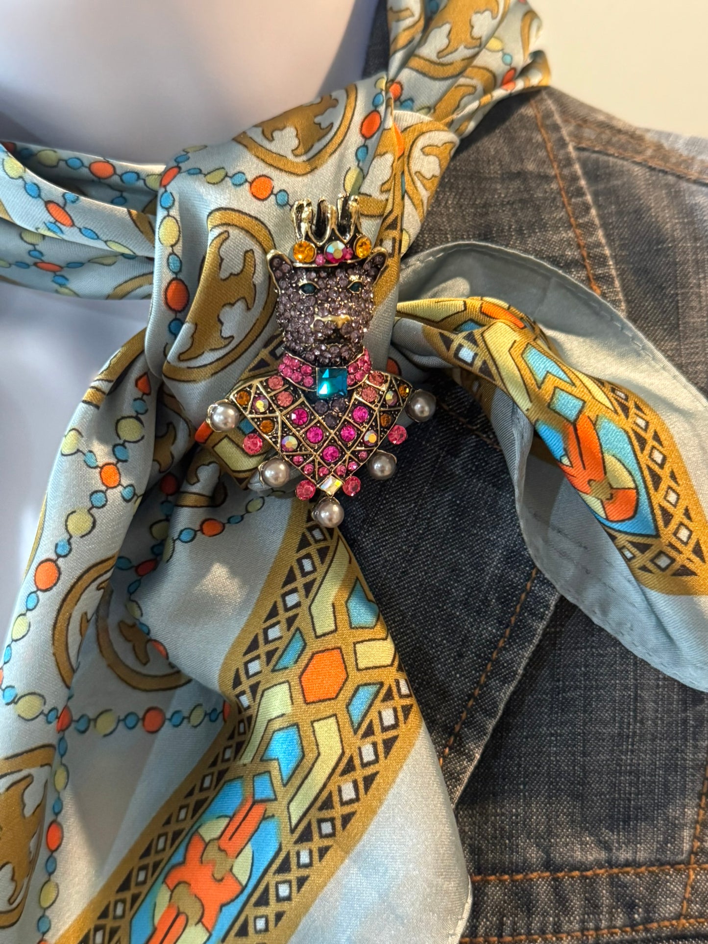 Soft Blue and Gold Silk/Satin Scarf - 70 X 70 cm