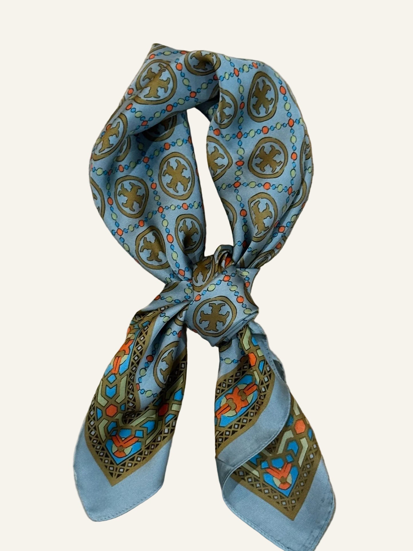 Soft Blue and Gold Silk/Satin Scarf - 70 X 70 cm