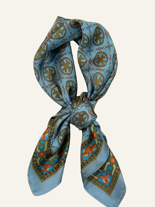Soft Blue and Gold Silk/Satin Scarf - 70 X 70 cm