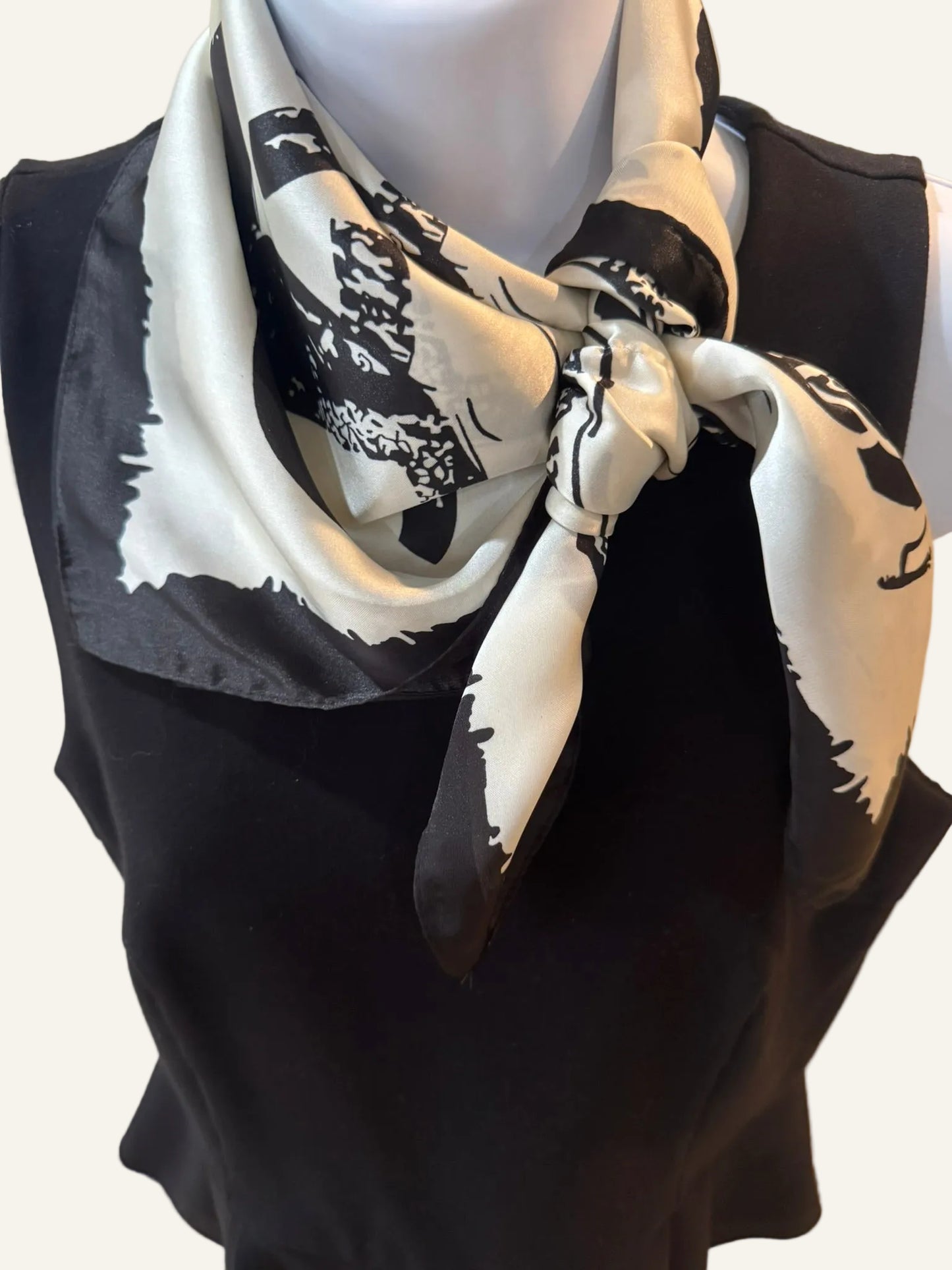 Black and White Patterned Silk/Satin Scarf - 70 X 70 cm