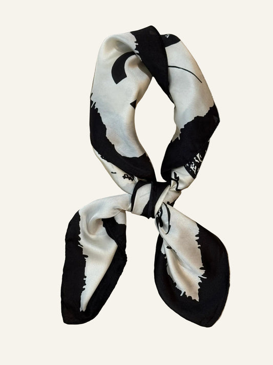 Black and White Patterned Silk/Satin Scarf - 70 X 70 cm