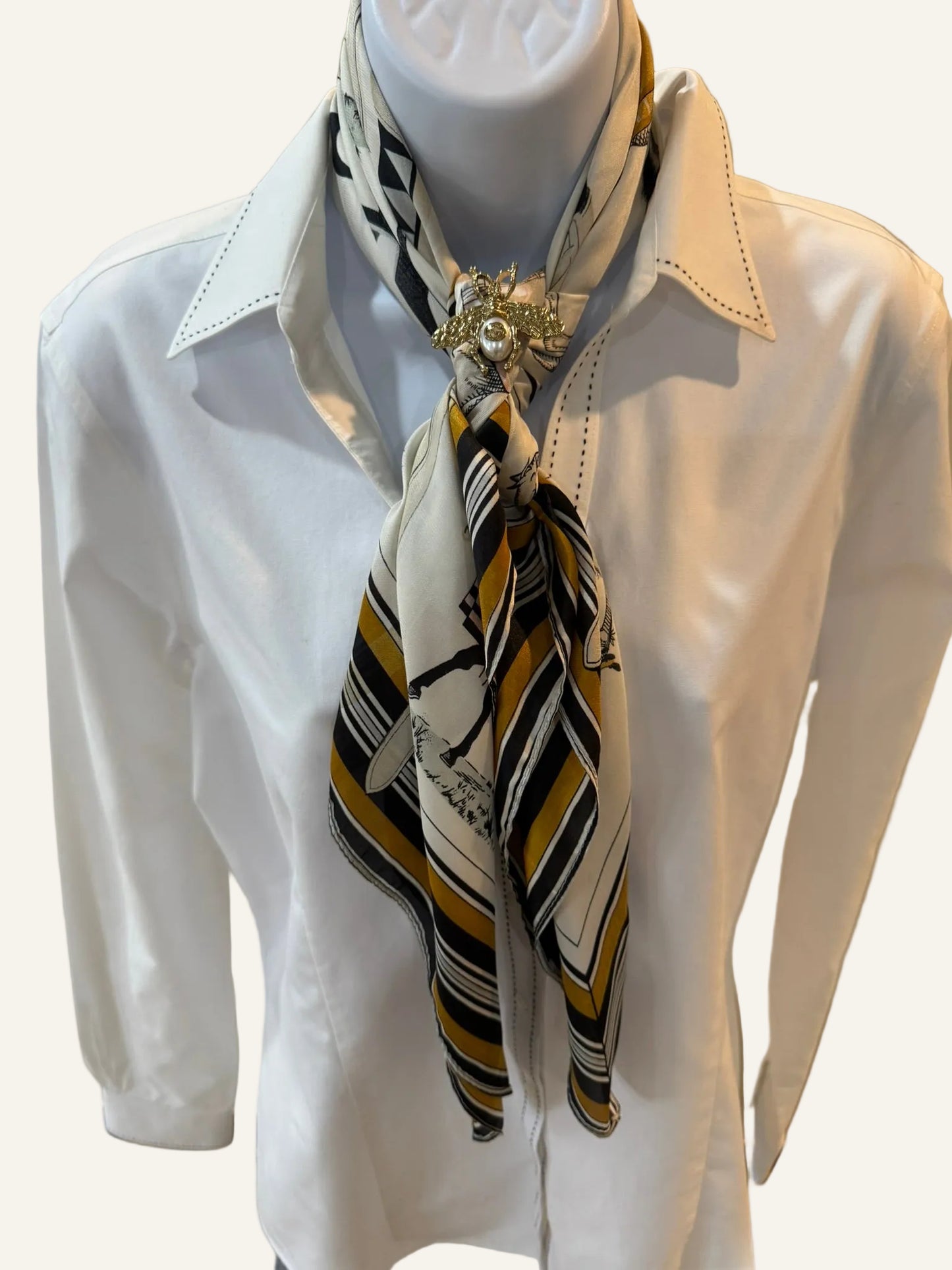 Ivory and Black Equestrian Silk/Satin Scarf - 90 x 90 cm