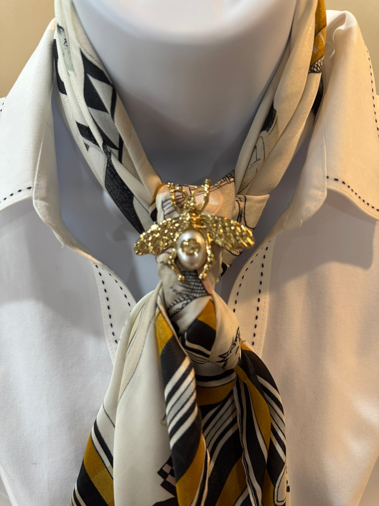 Ivory and Black Equestrian Silk/Satin Scarf - 90 x 90 cm