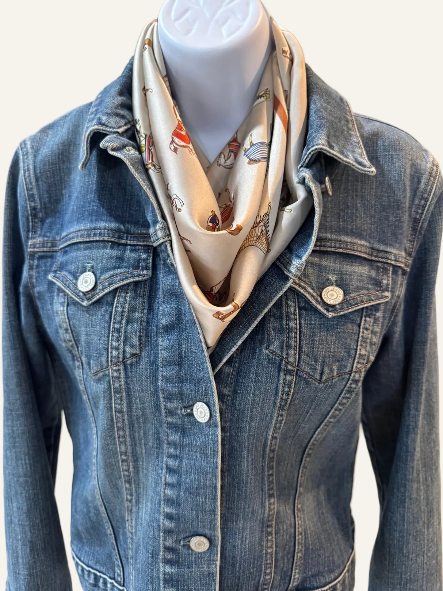 Ivory, Blue and Rust Silk/Satin Equestrian Scarf - 70 x 70 cm