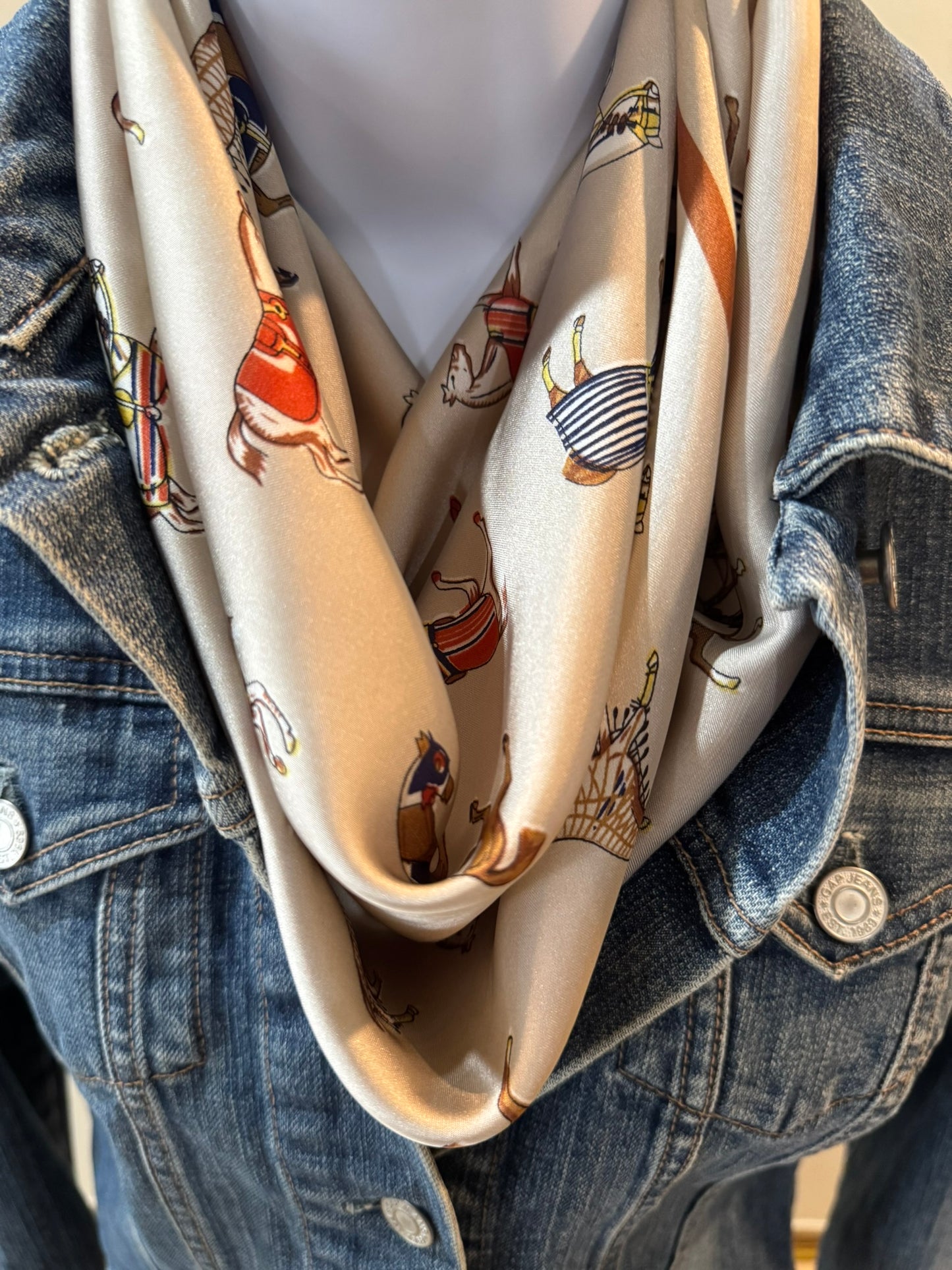 Ivory, Blue and Rust Silk/Satin Equestrian Scarf - 70 x 70 cm