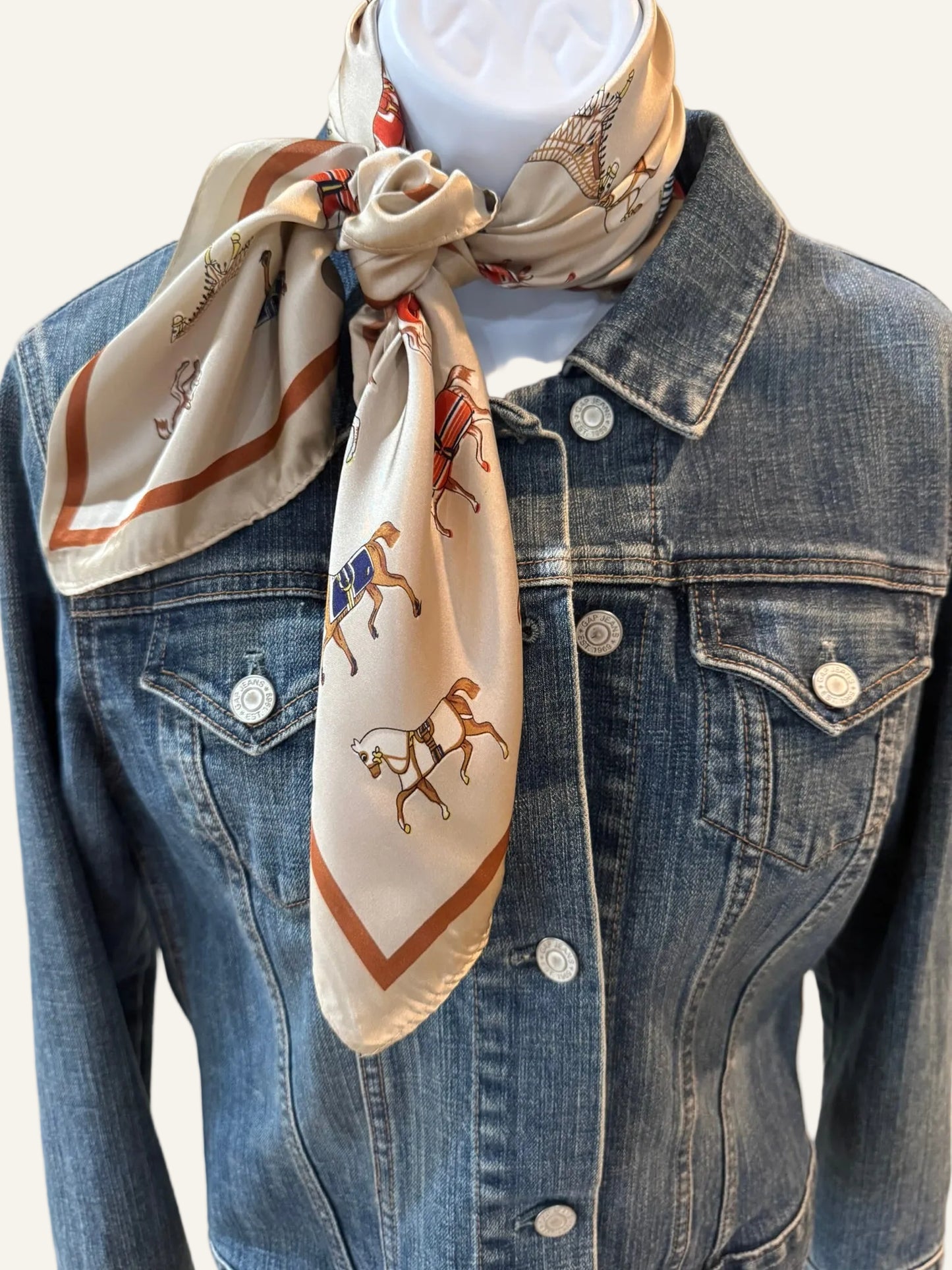 Ivory, Blue and Rust Silk/Satin Equestrian Scarf - 70 x 70 cm