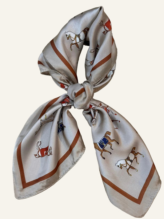 Ivory, Blue and Rust Silk/Satin Equestrian Scarf - 70 x 70 cm