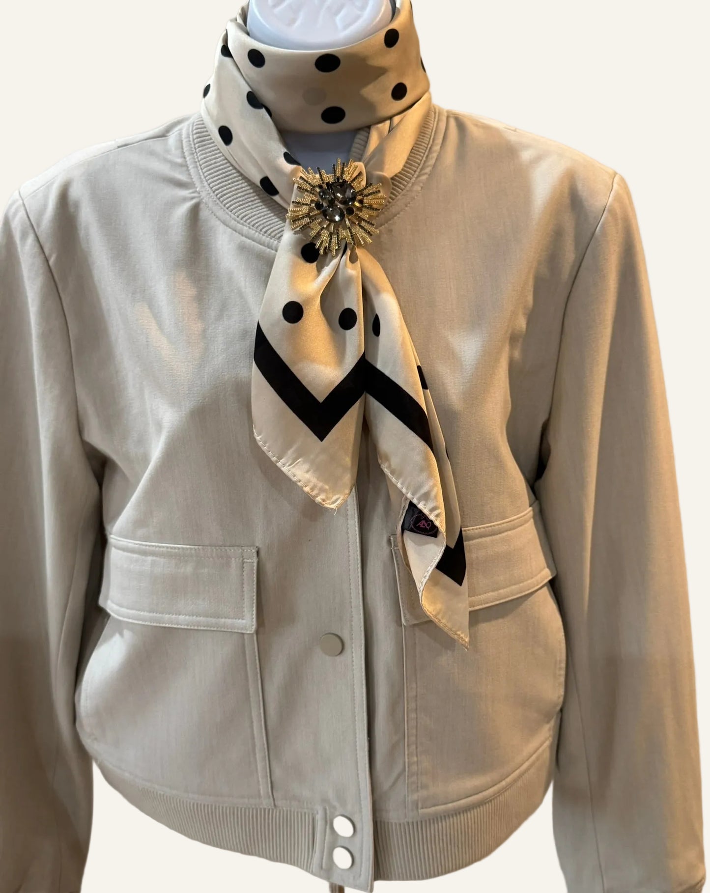 Ivory and Black Polka Dot Silk/Satin Scarf - 90 x 90 cm