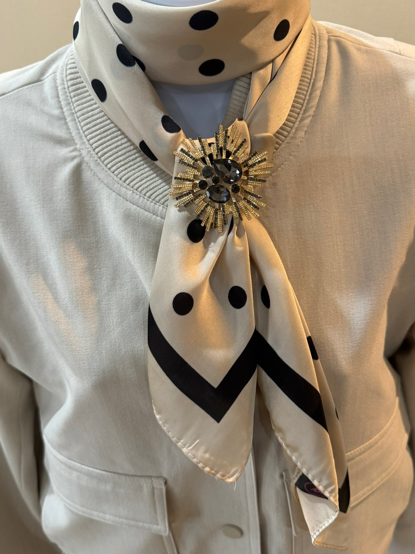 Ivory and Black Polka Dot Silk/Satin Scarf - 90 x 90 cm