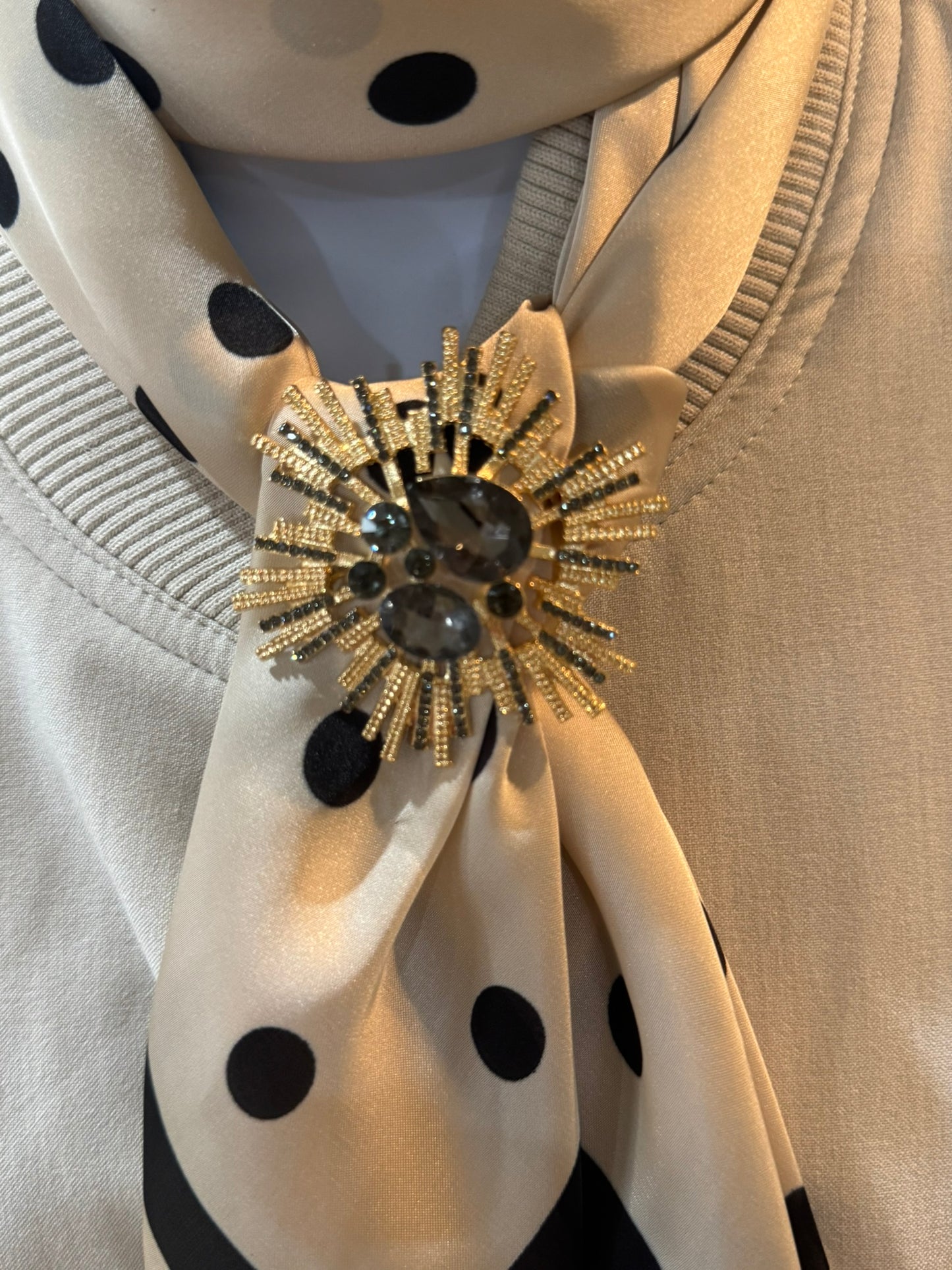 Ivory and Black Polka Dot Silk/Satin Scarf - 90 x 90 cm
