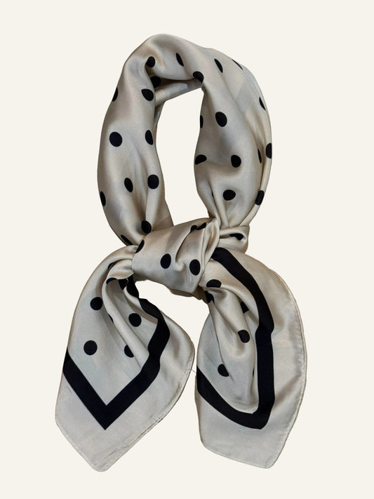 Ivory and Black Polka Dot Silk/Satin Scarf - 90 x 90 cm