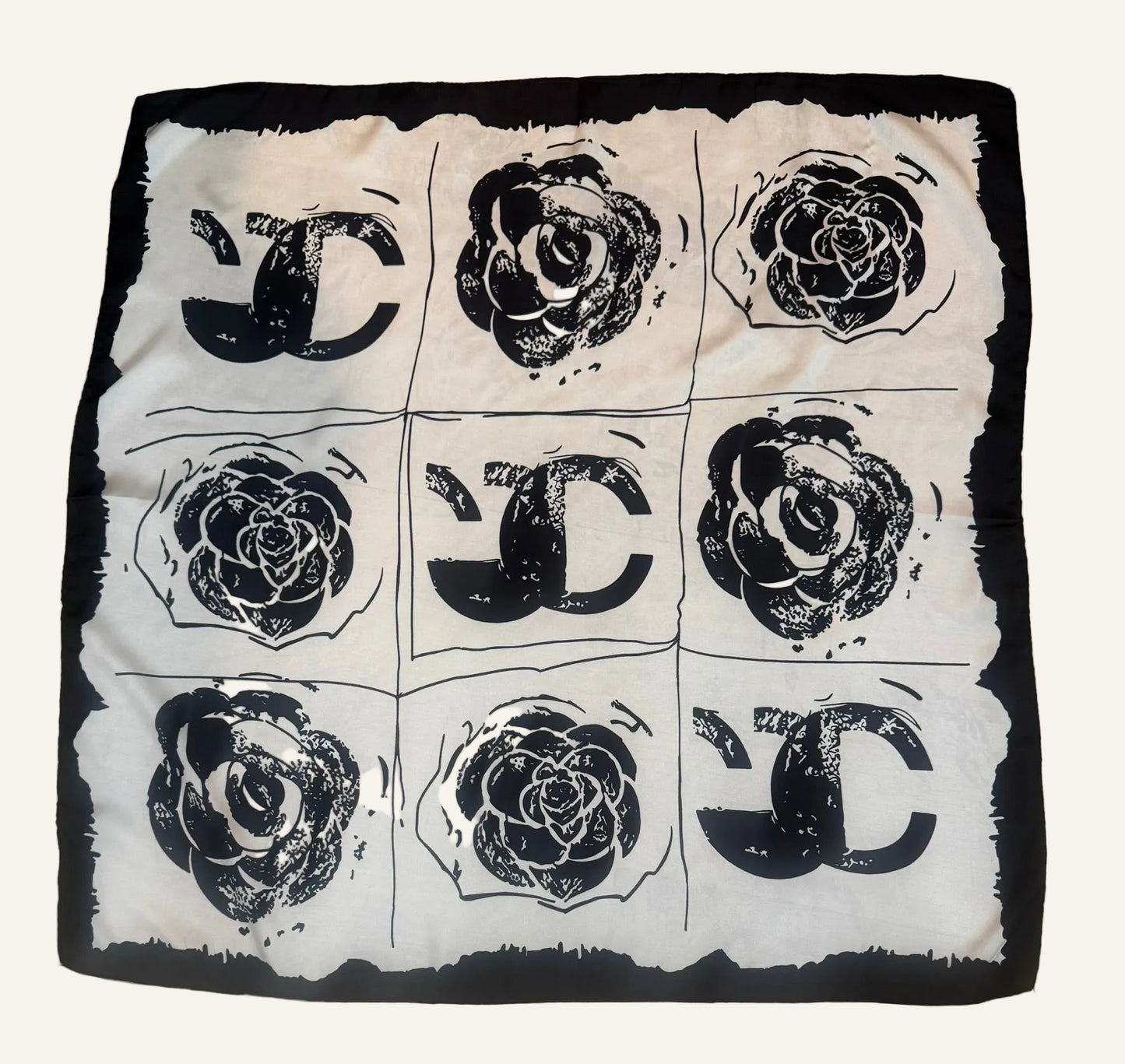 Black and White Patterned Silk/Satin Scarf - 70 X 70 cm
