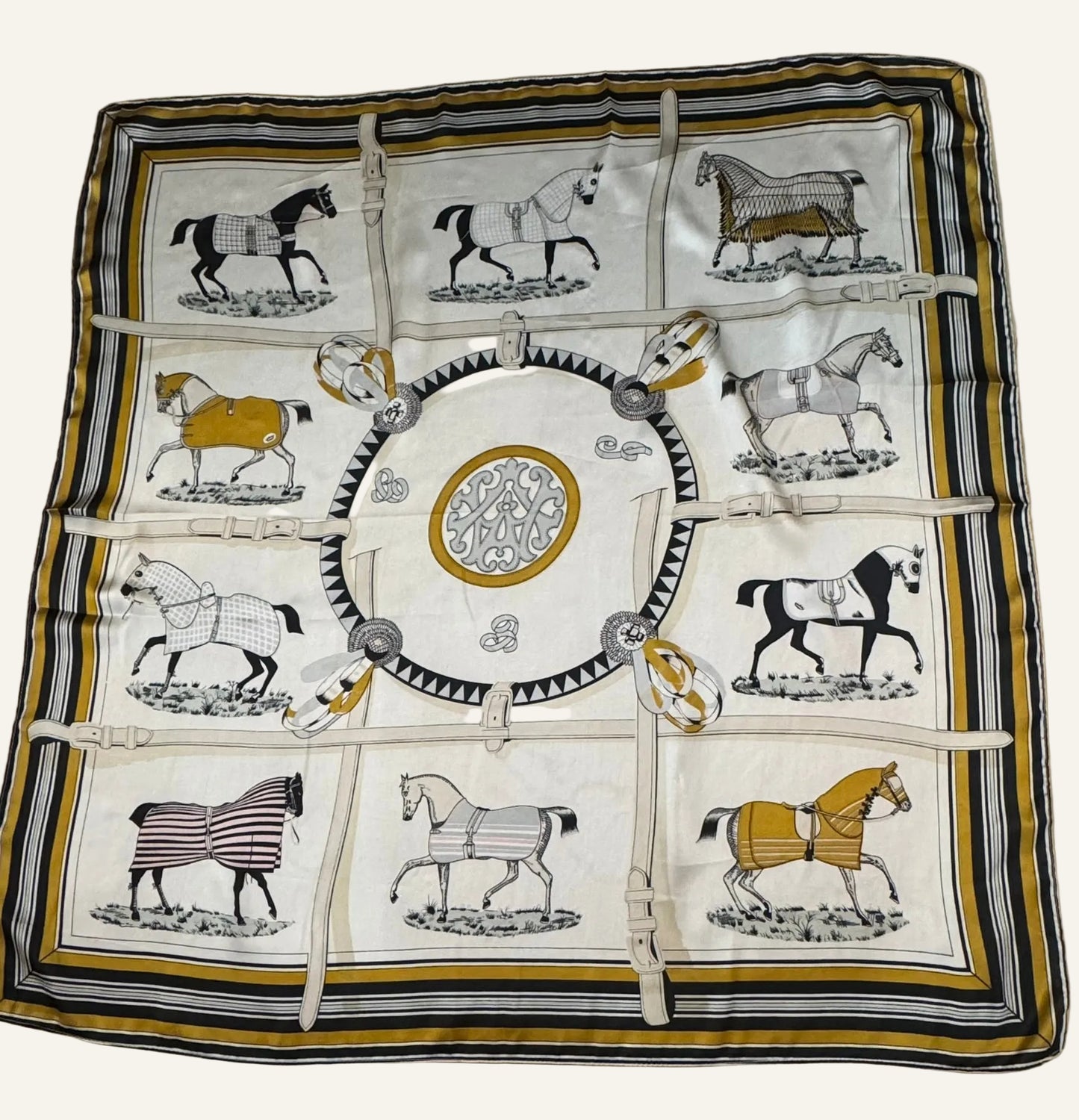 Ivory and Black Equestrian Silk/Satin Scarf - 90 x 90 cm