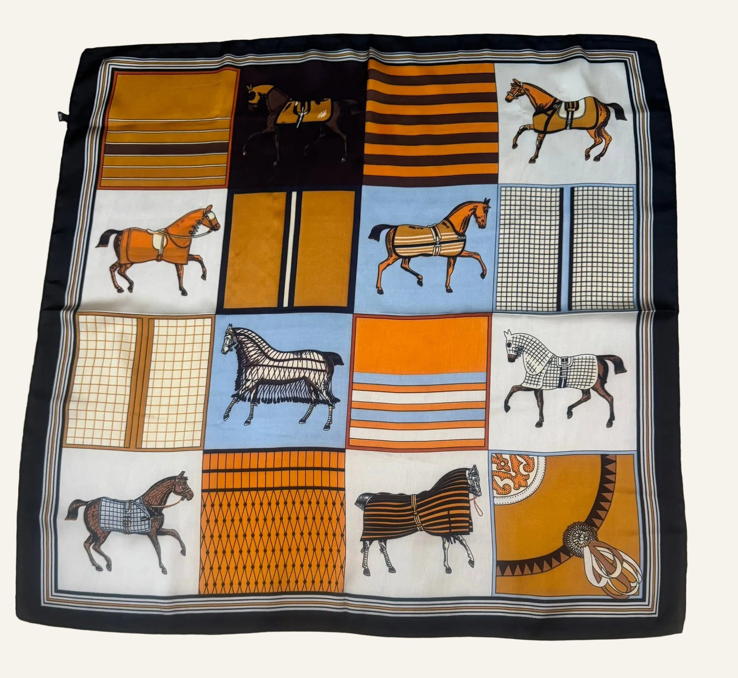 Blue and Rust Silk/Satin Equestrian Scarf - 70 x 70 cm