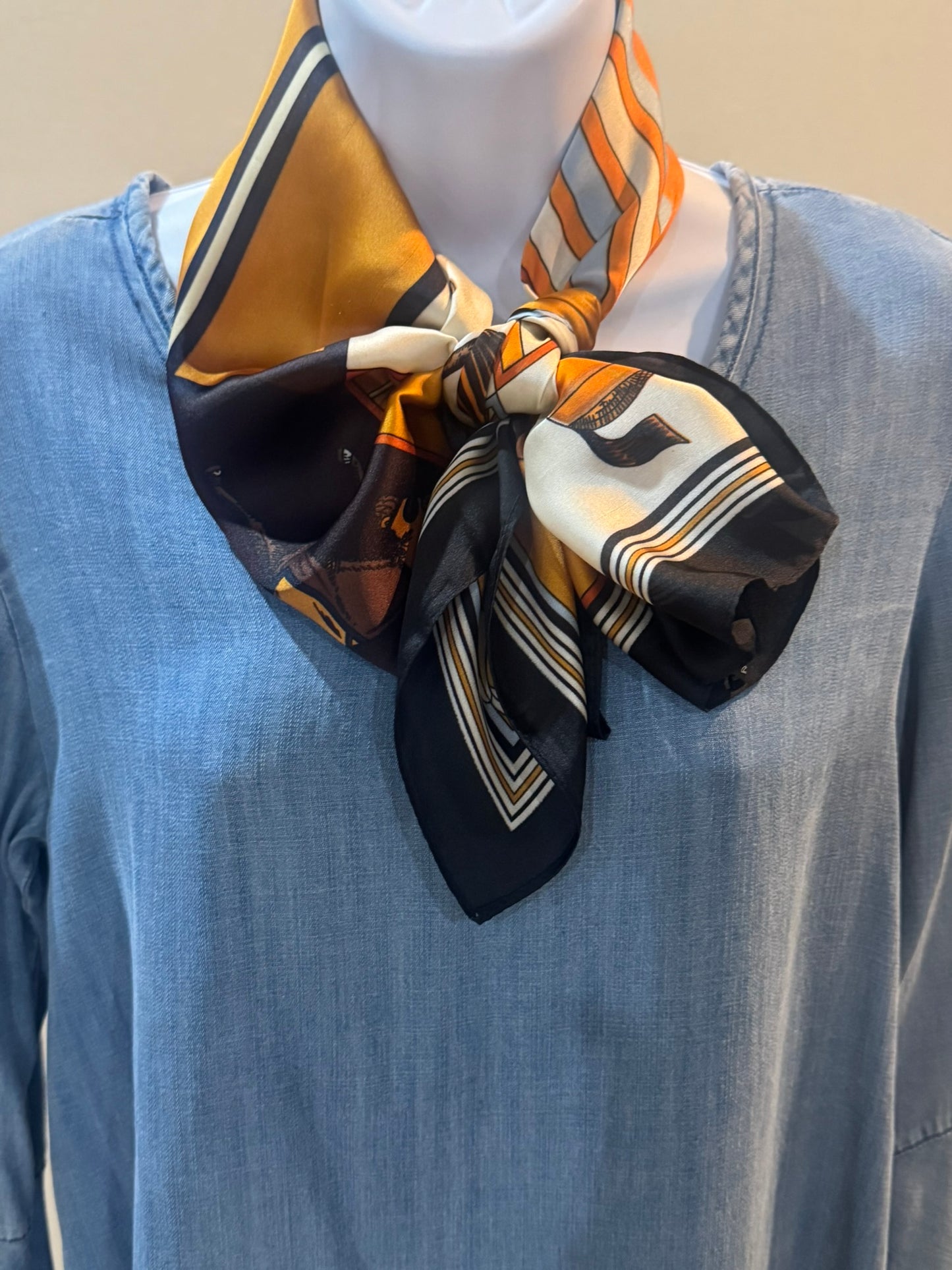Blue and Rust Silk/Satin Equestrian Scarf - 70 x 70 cm