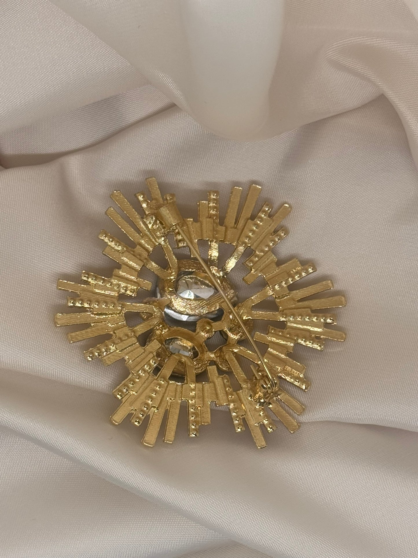 Large Corsage Burst Brooch with Gray Stones - Gold