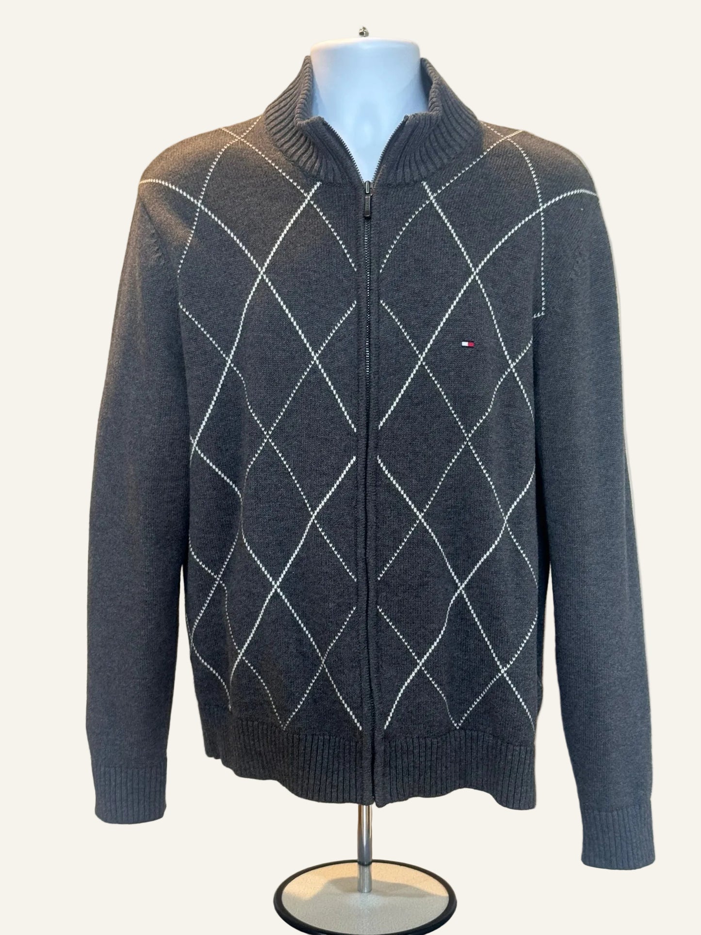 Tommy Hilfiger Gray Argyle Full-Zip Sweater