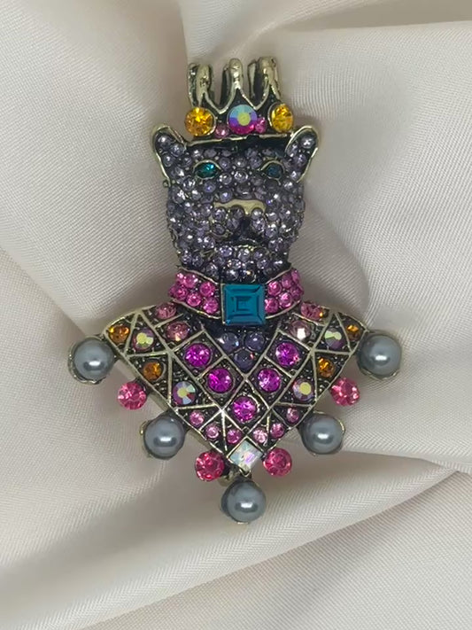 Rhinestone Crown Bear Brooch - Gold