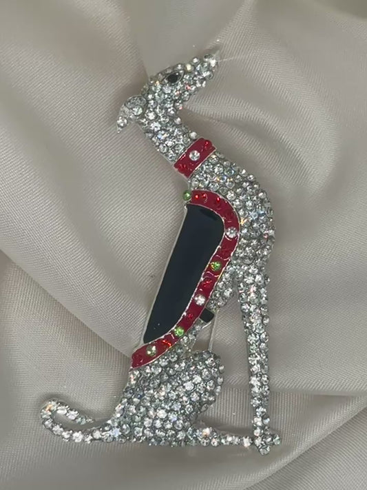 Greyhound Dog Brooch White, Black and Red - Silver